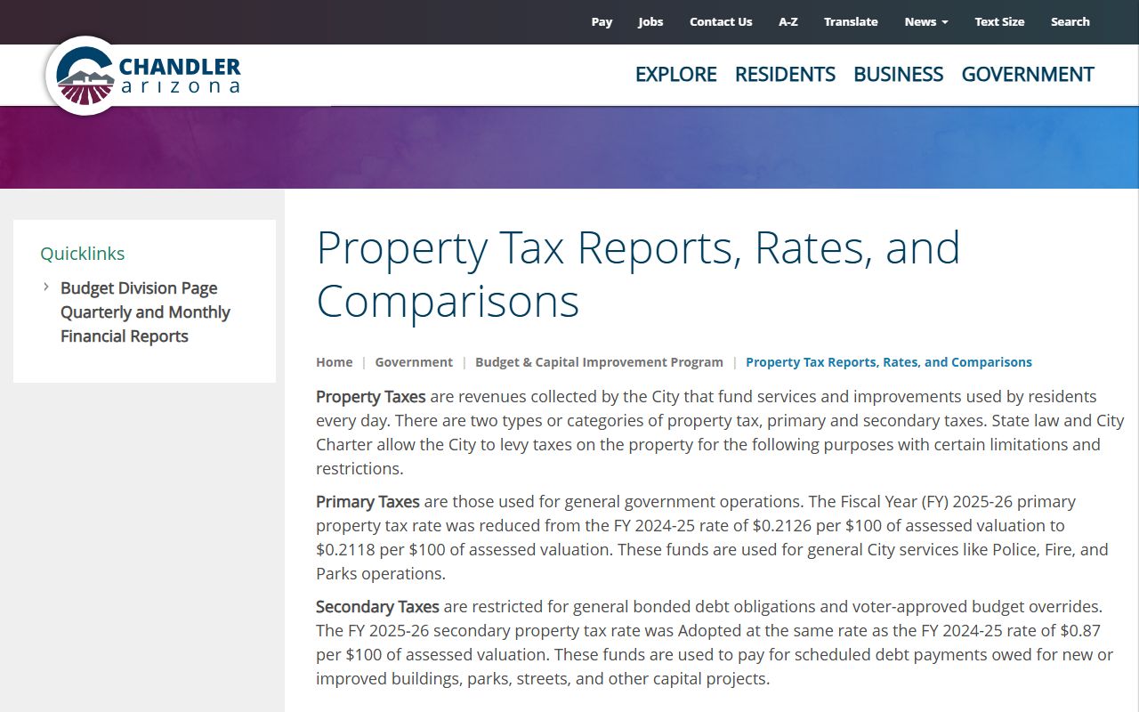 Chandler Arizona property tax reports and rates comparison page