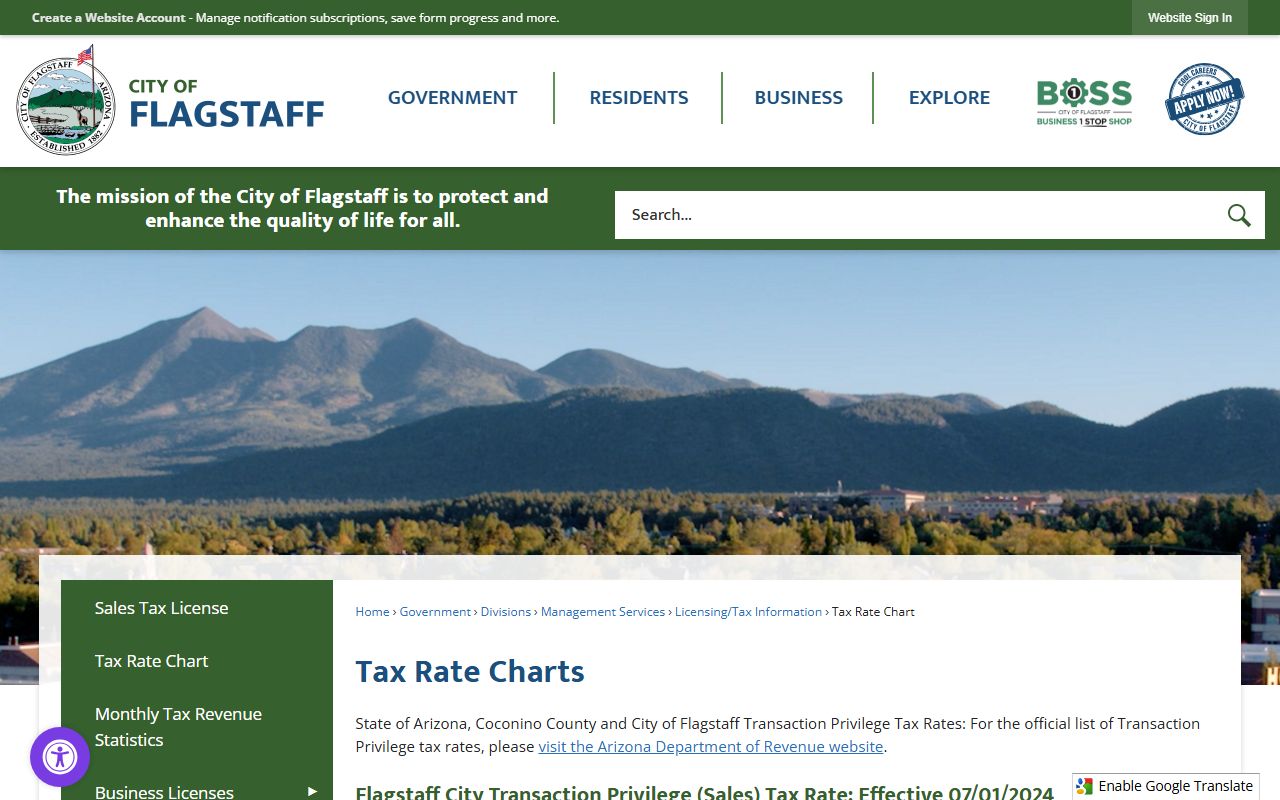 City of Flagstaff tax rate chart showing property tax rates