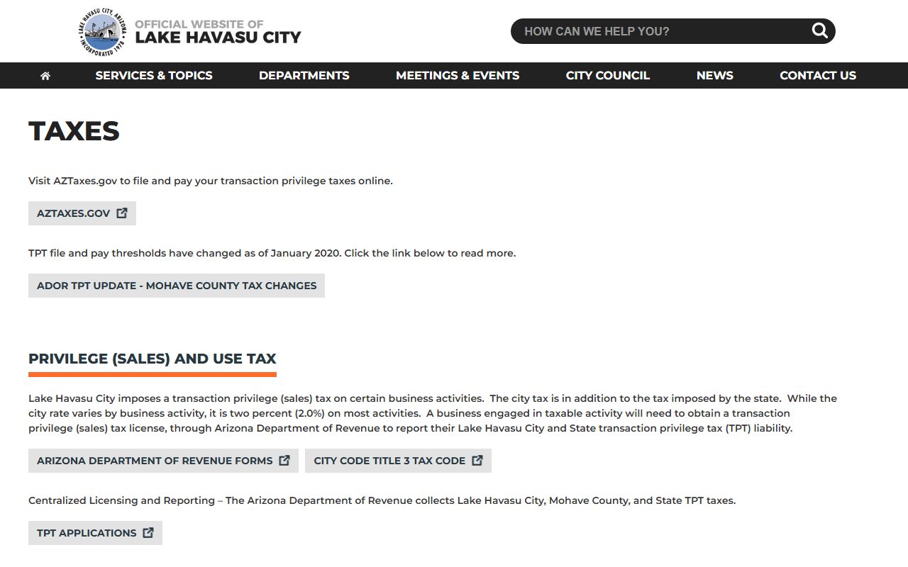 Lake Havasu City taxes page showing property tax rate information