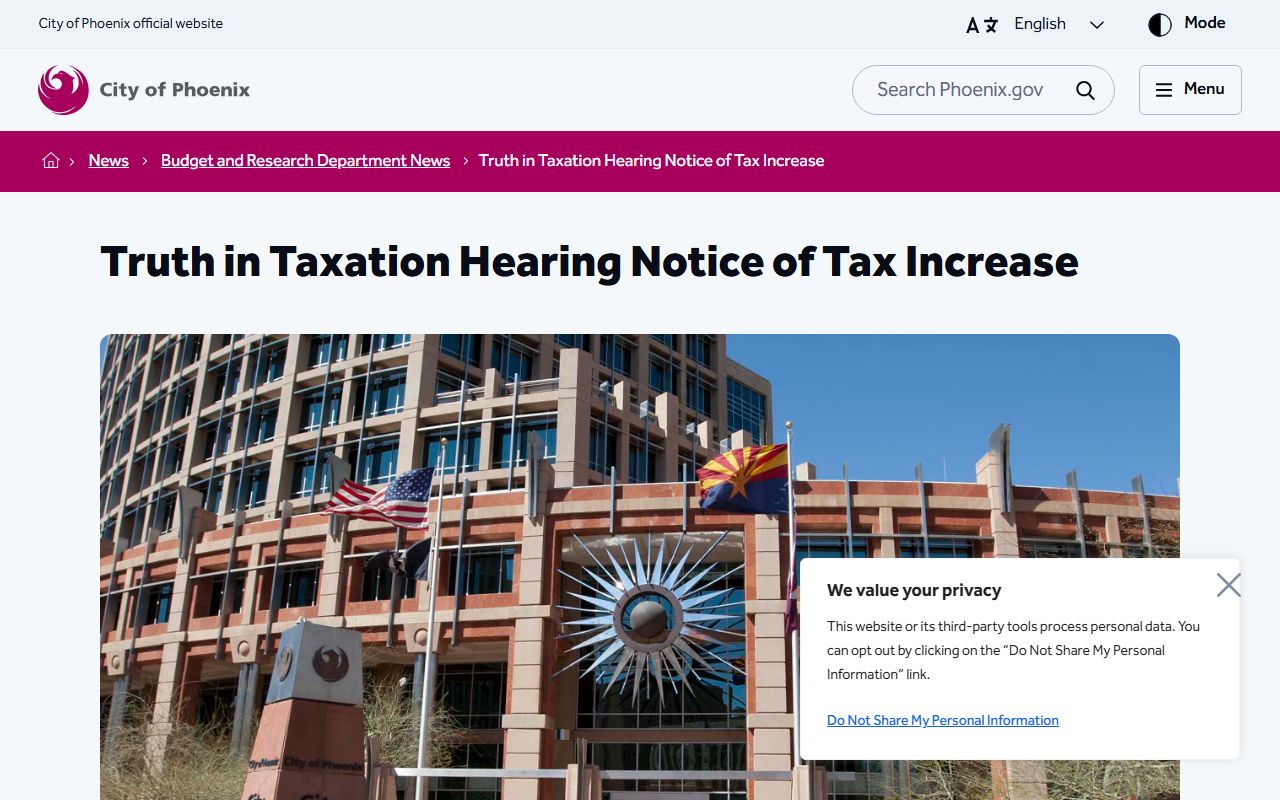 Phoenix Truth in Taxation hearing notice showing proposed tax rate changes