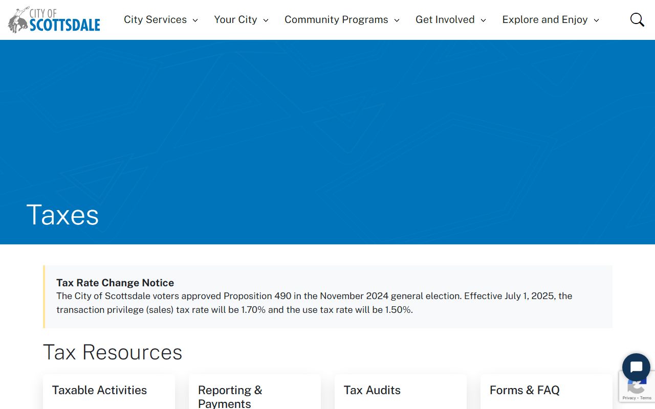 City of Scottsdale taxes page showing property tax rate information