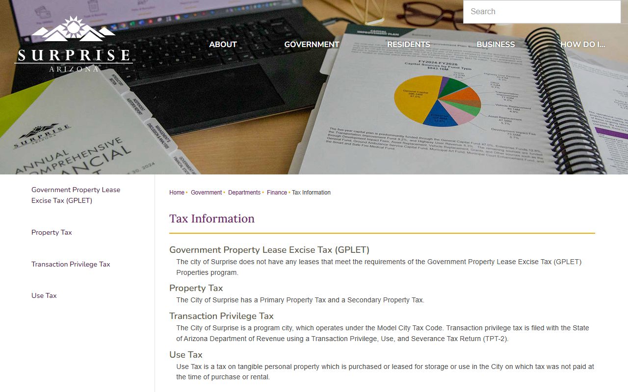 City of Surprise tax information page showing property tax rates and details