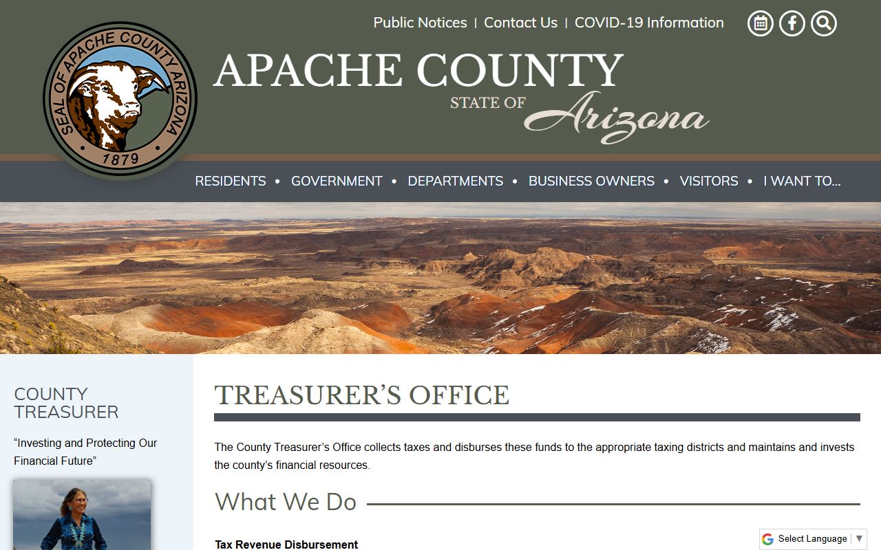 Apache County Treasurer website with property tax payment information