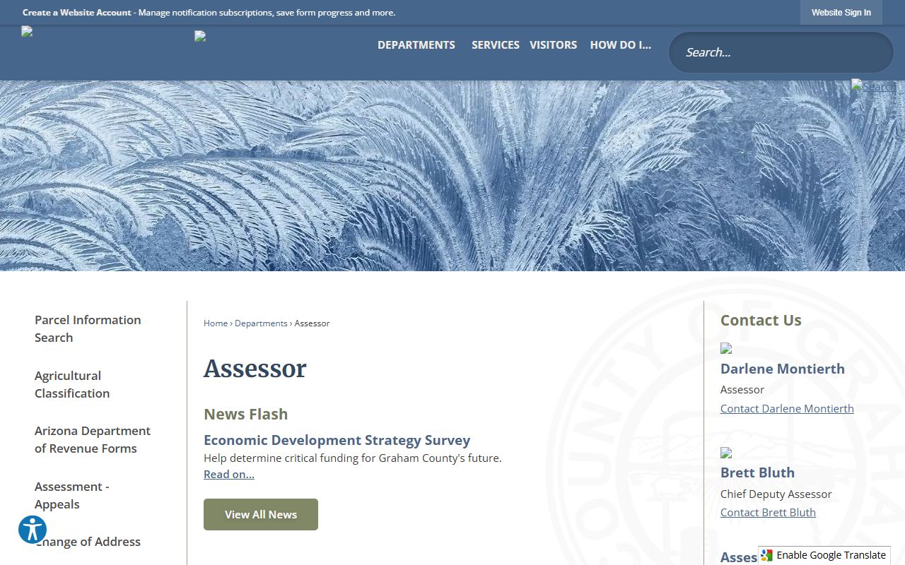 Graham County Assessor office homepage showing property tax information