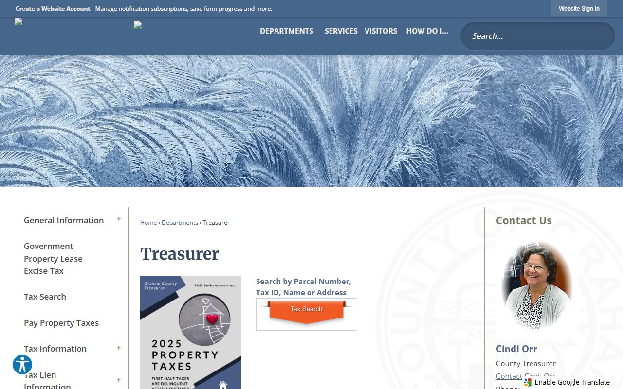Graham County Treasurer office homepage with tax payment information