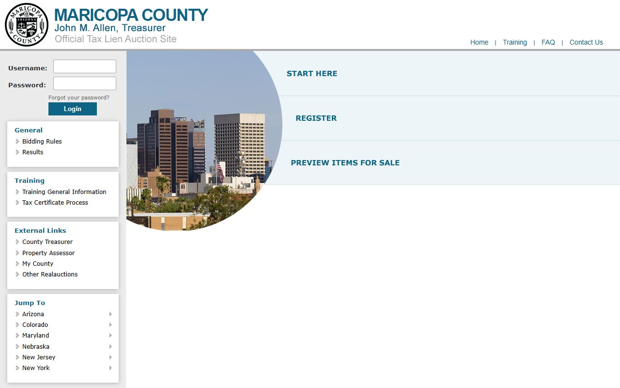 Maricopa County tax lien sale portal showing delinquent properties