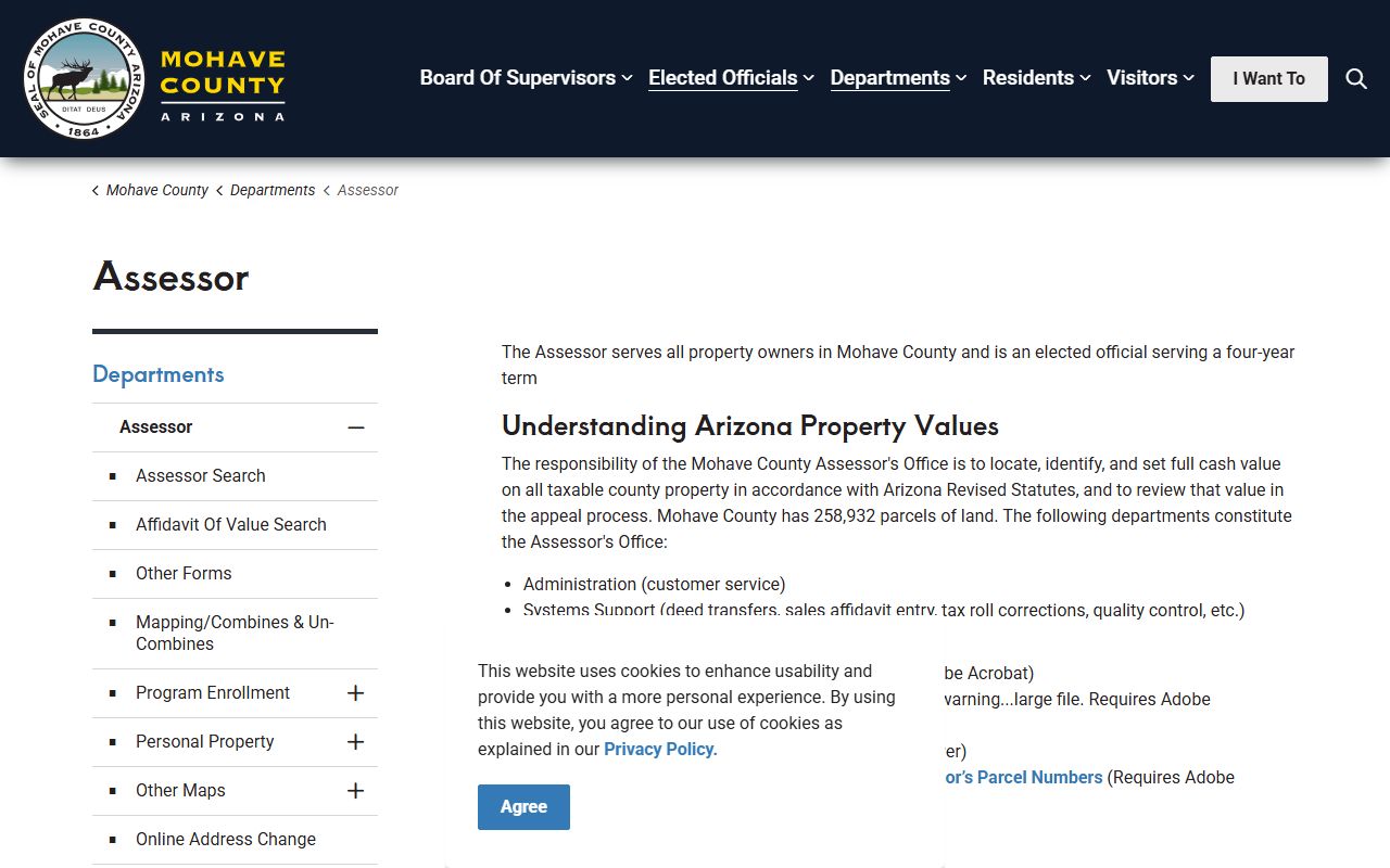 Mohave County Assessor website home page showing property tax services