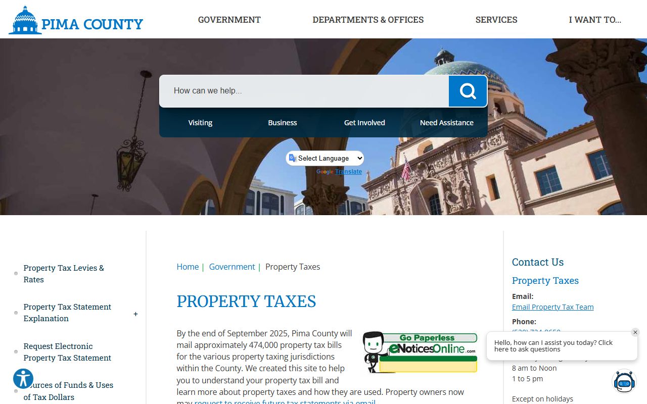 Pima County general property tax information page