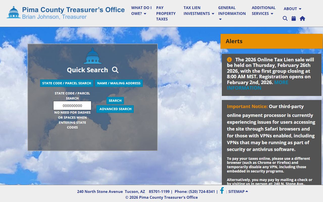 Pima County Treasurer property tax records homepage