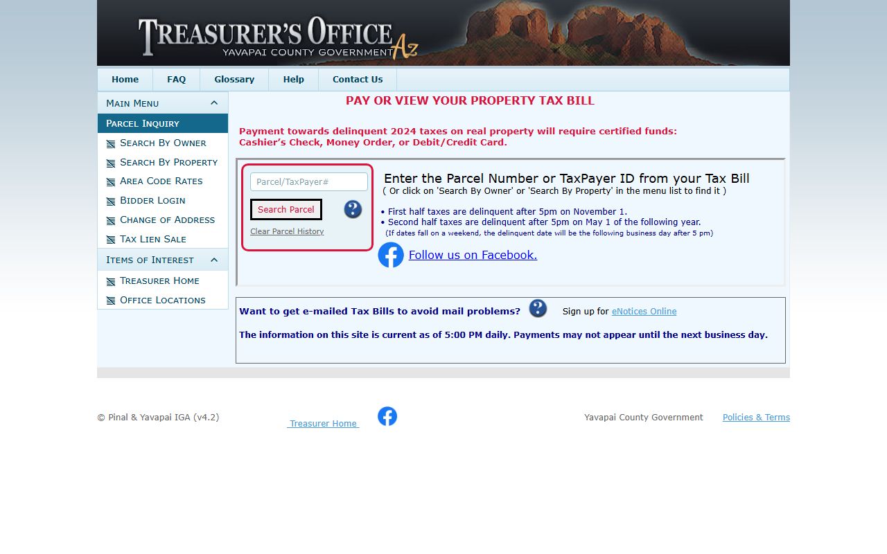 Yavapai County Tax Inquiry database search interface